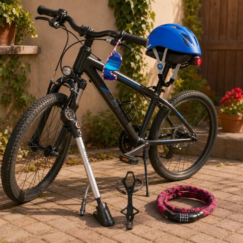 Pachet aventură copii: 1x ochelari UV400 + 1x cască LED + 1x pompă AV + 1x suport bidon + 1x antifurt 75cm
