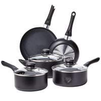Amazon Basics 8 részes kerámia tapadásmentes edénykészlet fedőkkel, fekete — törött fogantyú, horpadt és karcos (állapot: lásd a 2. képet) 1