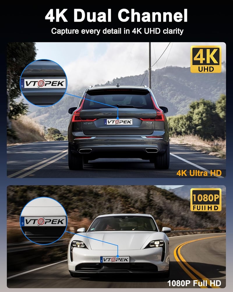 Vtopek 4K Autós Menetrögzítő 12" IPS Érintőképernyővel - Tükör Dashcam WiFi, 64GB, 1080P Tolatókamera, Éjjellátó, G-szenzor