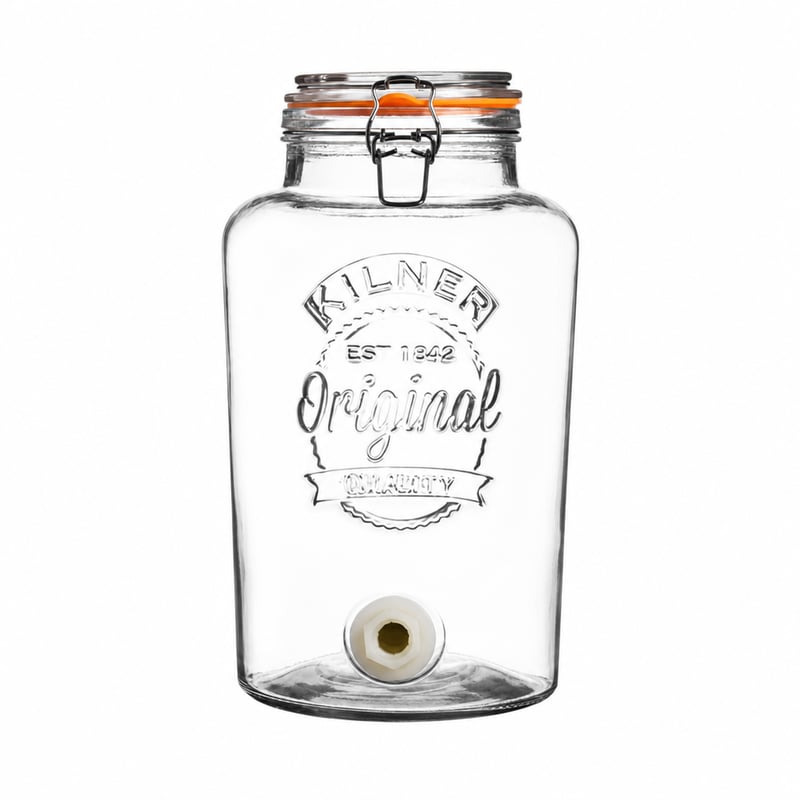 Kilner Original sklenený dávkovač nápojov s kohútikom, číry, 5 litrov — poškodený, čiastočne funkčný: Odlomený kohútik (stav: pozri 2. obrázok)