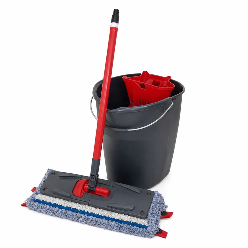 Súprava na mop Vileda UltraMax z mikrovlákna a bavlny s vedrom, s otočnou hlavicou o 360 stupňov, na čistenie podláh, 6-litrové vedro – použité