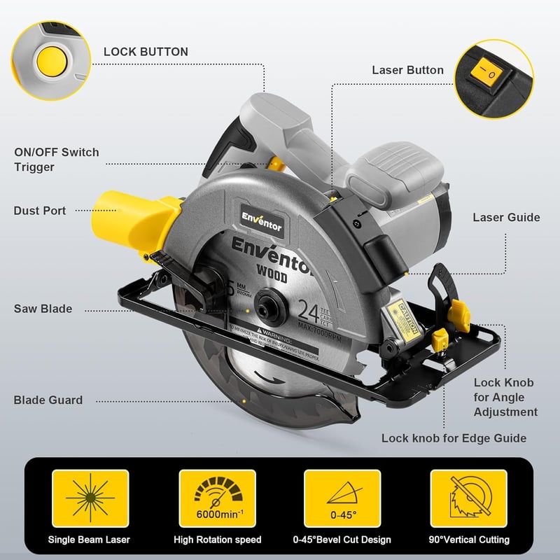 ENVENTOR 1400W Körfűrész Lézervezetővel, 6000 RPM, 62mm Vágásmélység, 185mm Fűrészlap, Rézmotoros Kézi Körfűrész Fa, PVC, Műanyag Vágásához