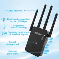 Aenxwa WiFi Jelerősítő 1200 Mbit/s Dual Band 2.4GHz+5GHz - 4 Antennás Vezeték Nélküli Hálózati Repeater Router Üzemmóddal és LAN/WAN Porttal 2