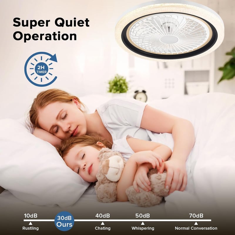NACATIN Fekete Mennyezeti Ventilátor LED Világítással - Távirányítós Akril Lámpa Fokozatmentes Fényerő és Sebesség Szabályozással Hálószobáb