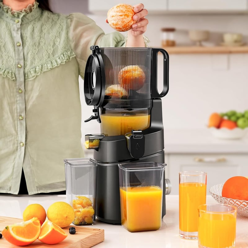 AMZCHEF 250W Automata Gyümölcsprés 1,8L Kapacitással - Széles 145mm Adagolónyílás, Hármas Szűrőrendszer, Hidegpréselés, Csendes Motor - Feke