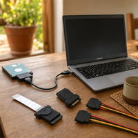 Laptopmentő kábelek: 2 db SATA-táphosszabbító + Samsung HDD-kábel + USB-SATA adapter (2,5" SSD/HDD) 1
