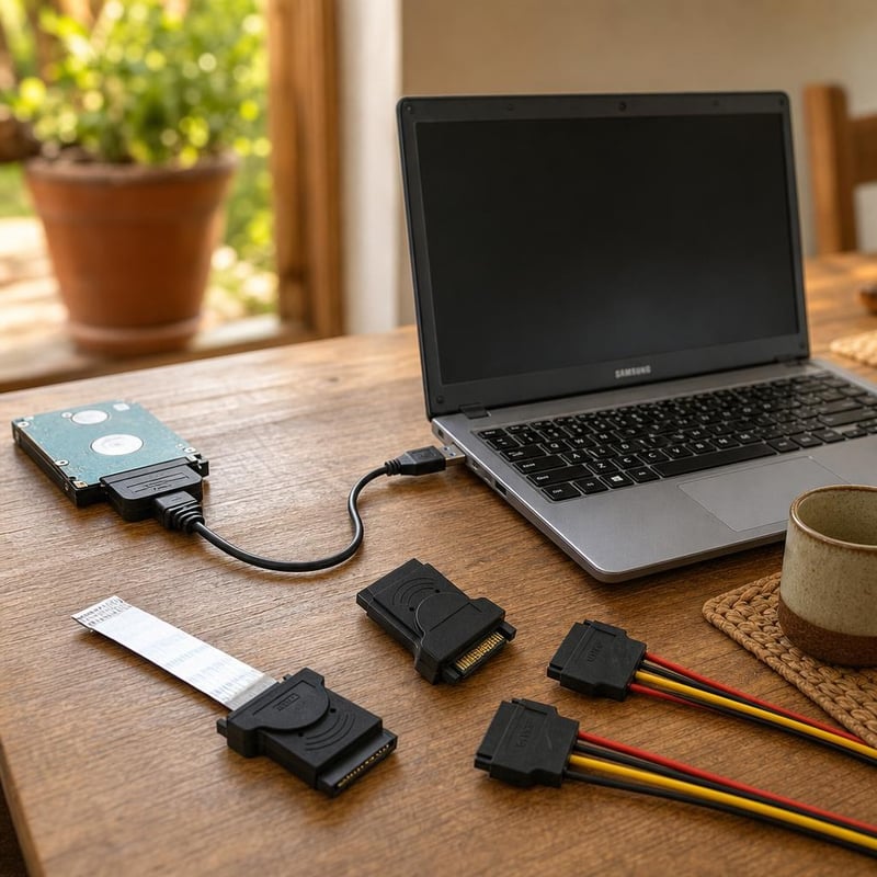 Laptopmentő kábelek: 2 db SATA-táphosszabbító + Samsung HDD-kábel + USB-SATA adapter (2,5" SSD/HDD)
