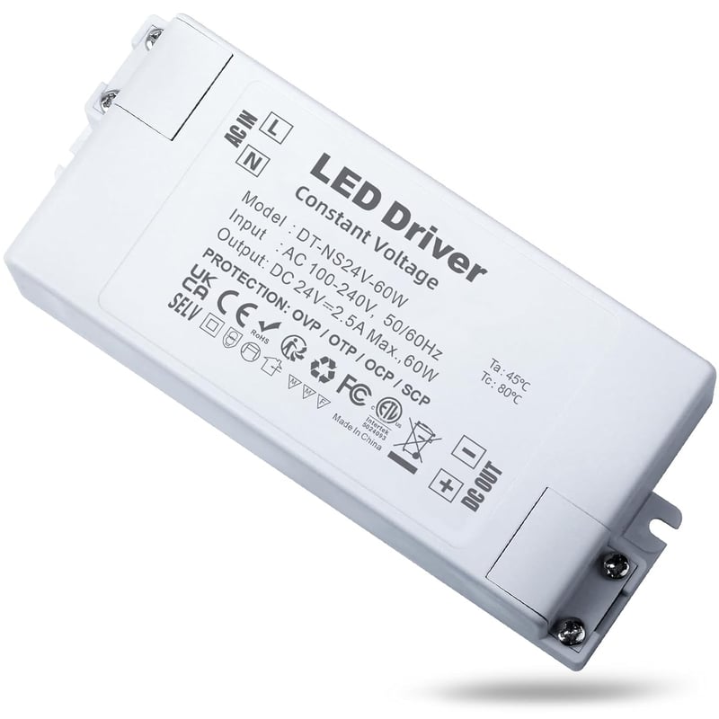 REYLAX LED Transzformátor 24V 60W - Kompakt LED Tápegység 2,5A, 230V-24V Átalakító, Állandó Feszültségű Meghajtó Lámpákhoz, Szalagokhoz