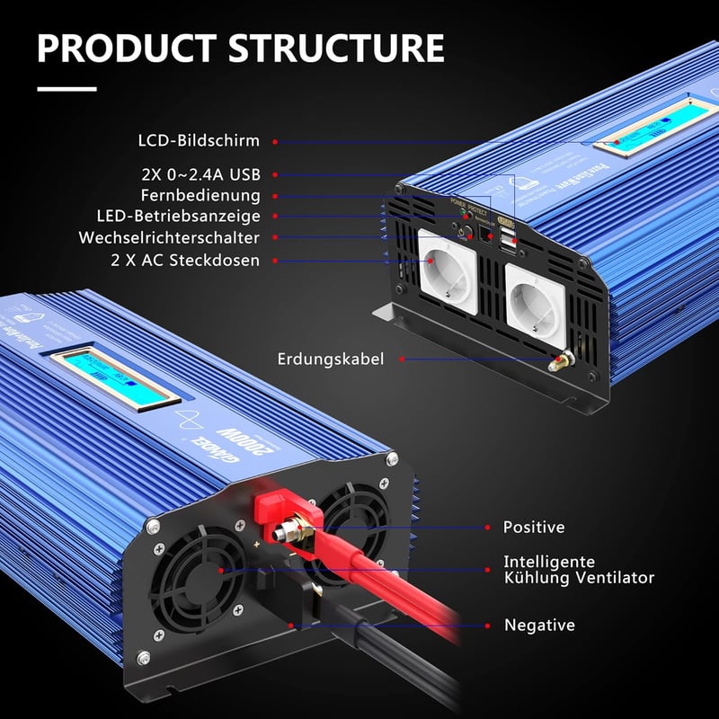 GIANDEL 2000W Színuszos Inverter 12V-230V - Feszültségátalakító Dupla USB Porttal, LCD Kijelzővel és Távirányítóval Lakóautókhoz