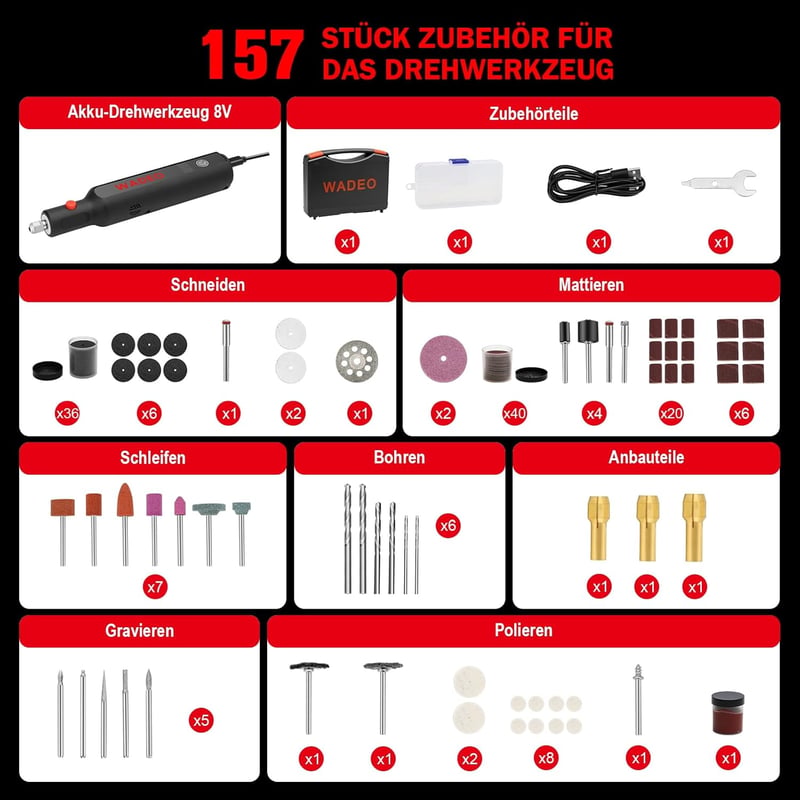WADEO 8V 100W Mini Csiszológép LED-del, 157 Tartozékkal, Barkácsoláshoz