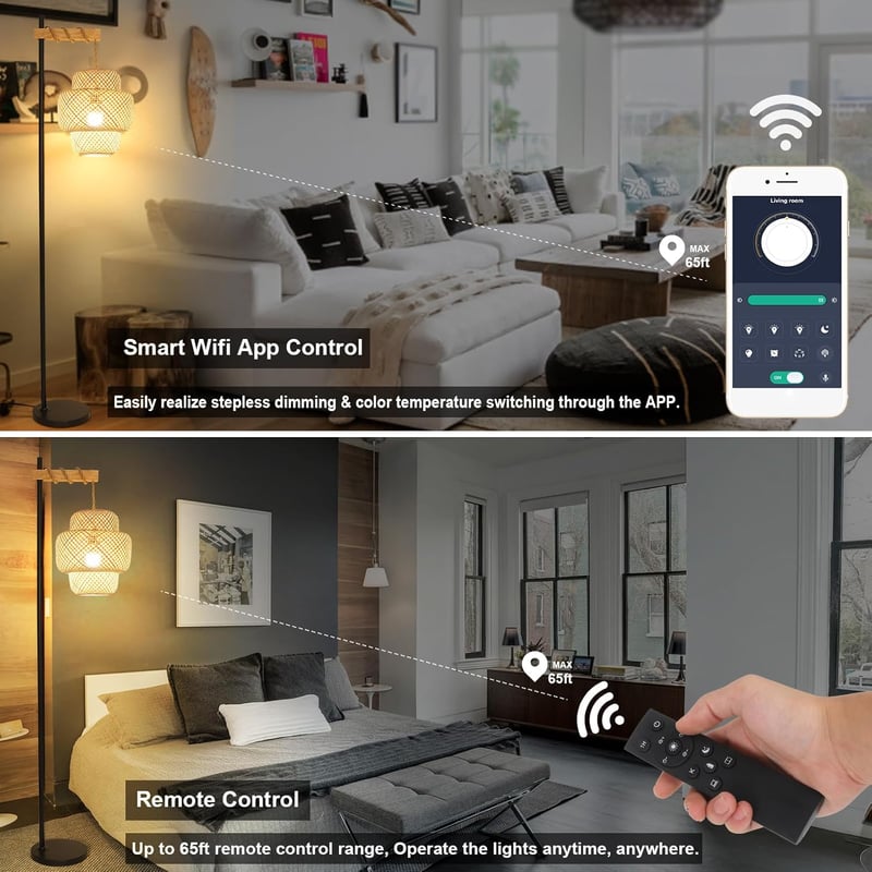 Bambusz Állólámpa Távirányítóval - Dimmelhető Ívelt Fa Lámpa App Vezérléssel, Rattan Burával, Nappali, Hálószoba, Iroda Dekorációho