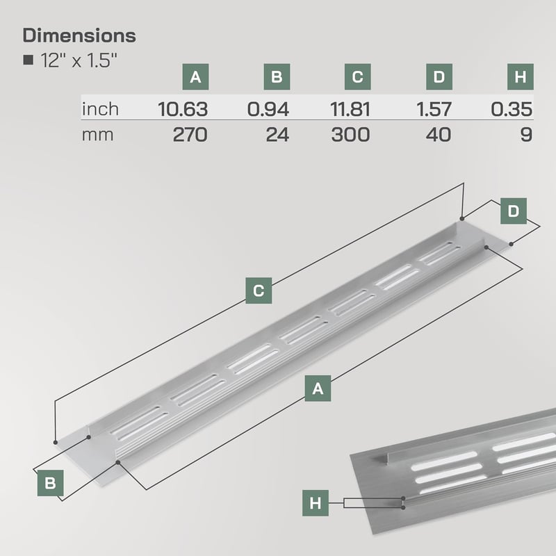 Vent Systems Alumínium Szellőzőrács 40x300 mm - Ezüst Légbeömlő Nyílás Beltéri/Kültéri Használatra, Fűtés-Hűtés Rendszerekhez