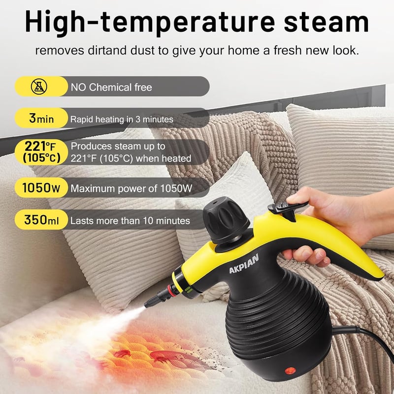 AKPIAN Kézi Gőztisztító 1050W - Hordozható Többfunkciós Gőzölő 10 Tartozékkal, Biztonsági Zárral, Zsír és Szennyeződés Eltávolításához Konyh