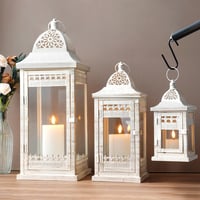 JHY DESIGN 3 db-os Gyertyalámpás Szett - 51/37/24 cm Fém Függő Lámpások Üvegbetéttel - Krémfehér Kerti Gyertyatartó Beltéri/Kültéri Dekoráci 2