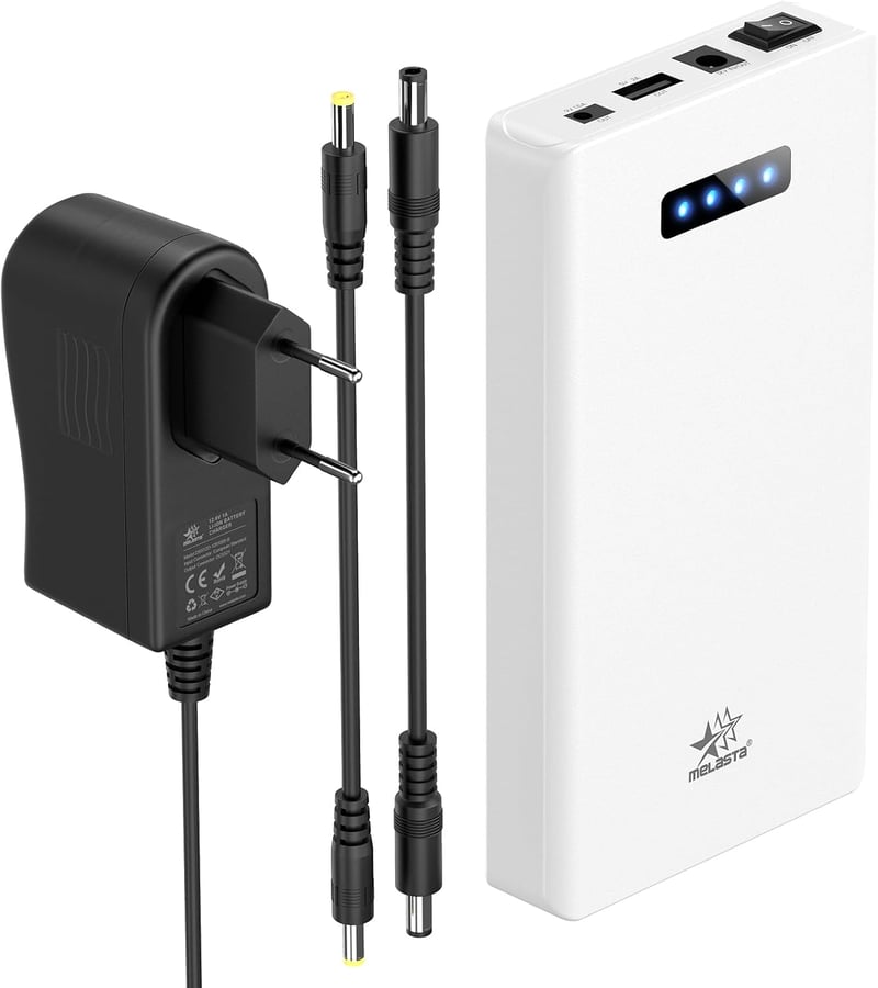 Melasta 12V 5200mAh 60W Lítium-ion Powerbank Külső Akkumulátor - 12V/9V DC és 5V USB Kimenettel LED Szalaghoz, CCTV Kamerához - Fehér