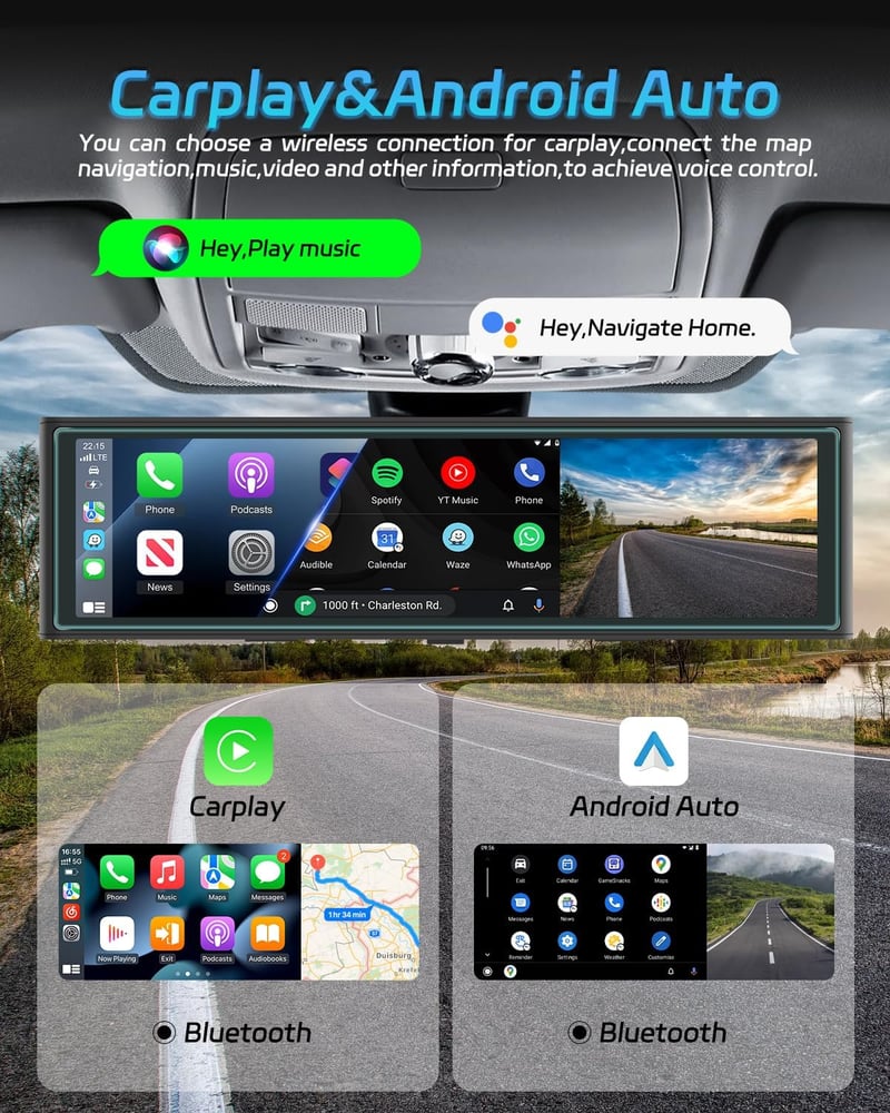NHOPEEW 10,99" Visszapillantó Tükör 4K Első Kamerával - Vezeték Nélküli CarPlay & Android Auto - Éjjellátó Dupla Kamera WiFi FM Adóval
