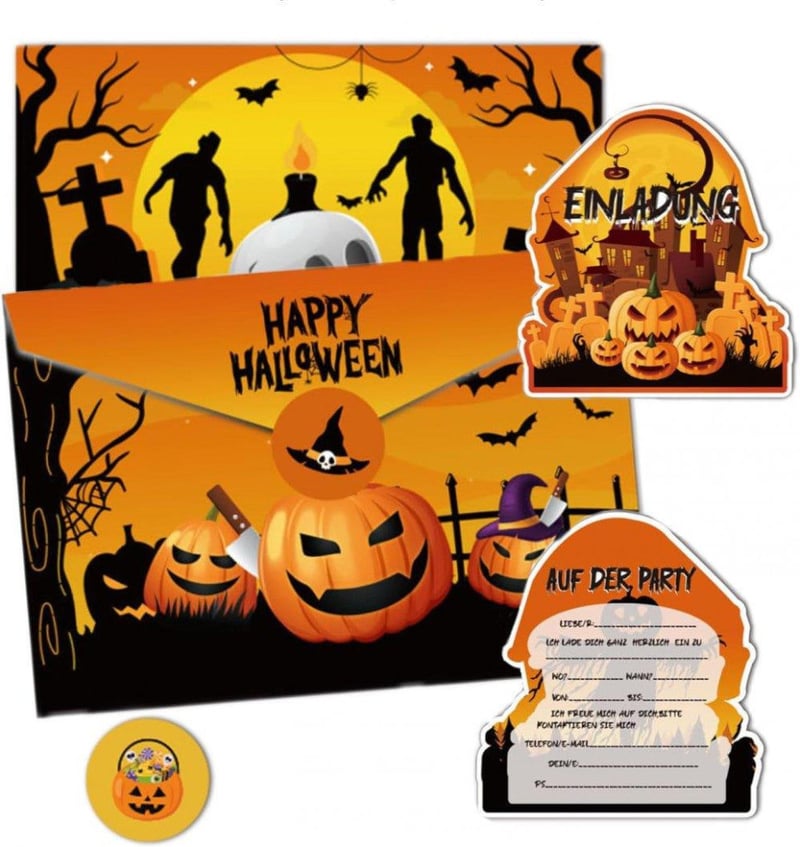Halloween Parti Meghívó Szett - 12 db Borítékkal és Matricával