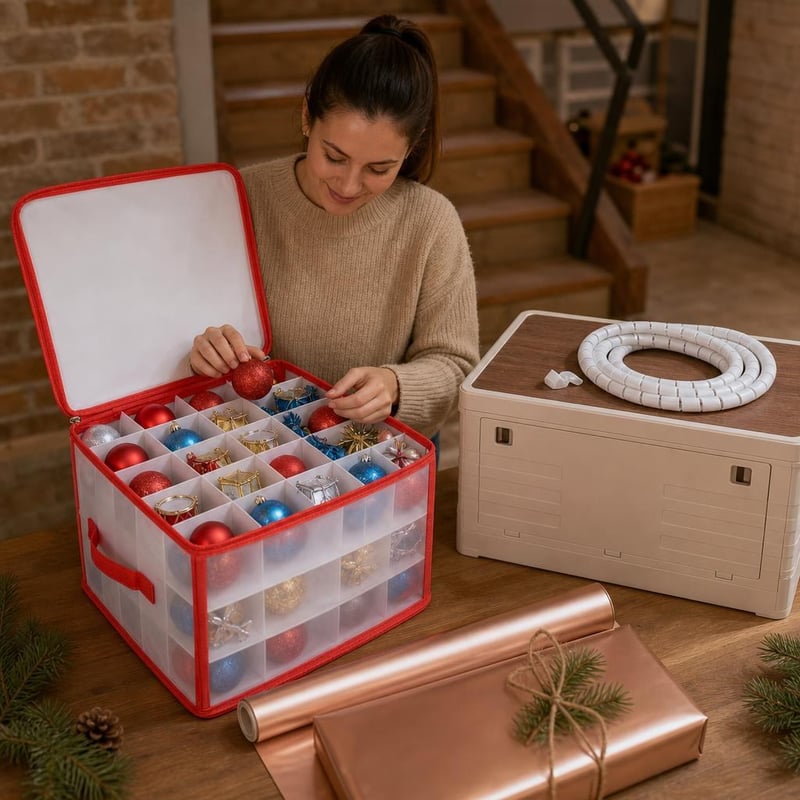 Vianočný organizér: 64x ozdoba + 64-priehradkový box + 35l úložný box + 2m organizér káblov + 10m baliaci papier