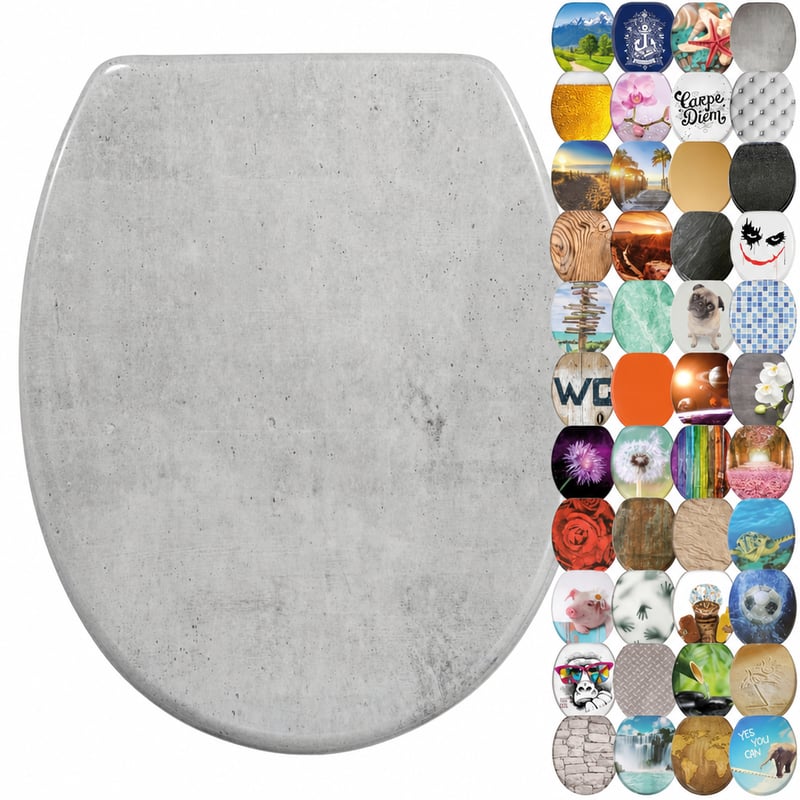 Capac WC oval Sanilo cu model de beton - Capac toaletă din MDF cu aspect de lemn și închidere lentă (Soft-Close) — set de fixare incomplet (stare: vezi a 2-a imagine)