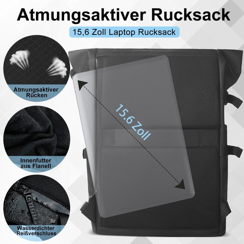 hk Rolltop Vízálló Hátizsák 27L - 15,6" Laptoptartóval, USB Porttal - Könnyű, Lopásbiztos Utazó/Iskolatáska Férfiaknak és Nőknek - Fekete