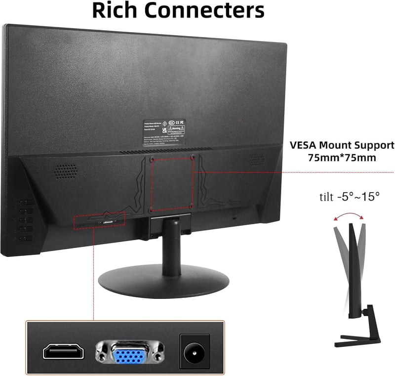 Wstirhy 22" Full HD Monitor - 75Hz LED Képernyő, 1920x1080 Felbontás, 5ms Válaszidő, HDMI/VGA Csatlakozás, Vékony Keret, Fekete Számítógép K