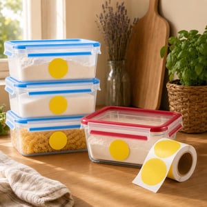 Set organizare cămară: 1x recipient sticlă 0,7L + 3x cutii ermetice 1L + 350 etichete