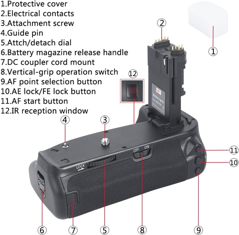 DSTE Infravörös Távirányítós Akkumulátor Markolat Canon EOS 6D DSLR Fényképezőgéphez, BG-E13 Kompatibilis, 2db LP-E6 Akkuval