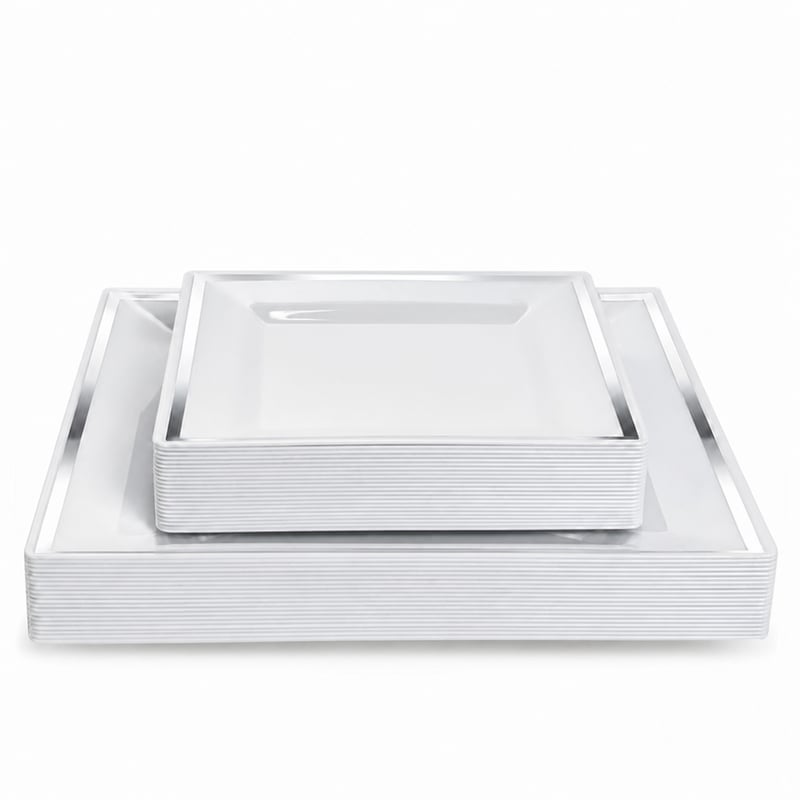 Farfurii Pătrate din Plastic Alb MATANA cu Margine Argintie, 2 Mărimi (39 buc) - Farfurii de Petrecere pentru Nunți, Zile de Naștere, Sărbători