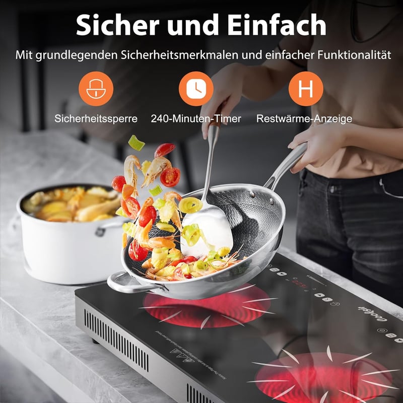 Cooksir Hordozható Üvegkerámia Főzőlap 2 Égővel - 3200W Infravörös Melegítés, Érintő/Gombos Vezérlés, 56cm, Dugós Csatlakozás

AI: I've crea