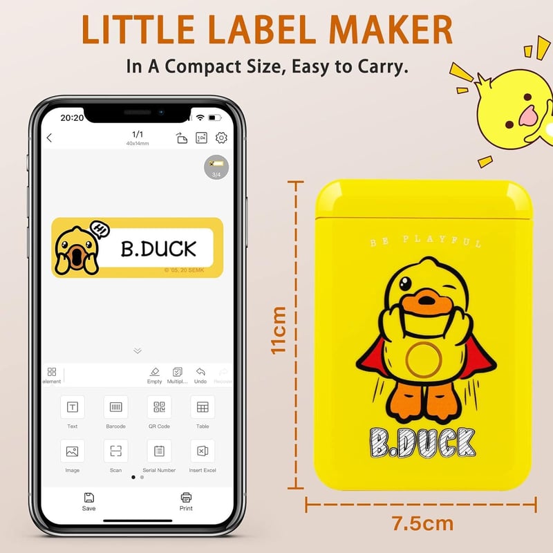 B.Duck Mini Sárga Hordozható Címkenyomtató iOS és Androidra