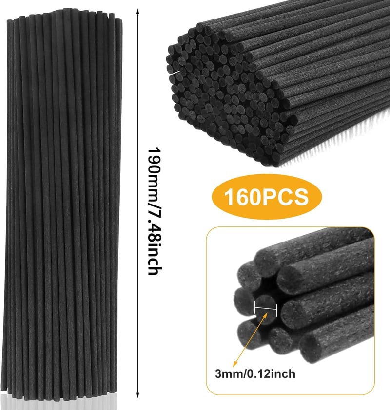 WDZGX Fekete Rattan Diffúzor Pálcák - 160 db Illóolaj Párologtató Pálca Otthonba, Irodába, 19 cm x 3 mm, Környezetbarát Természetes Anyagból