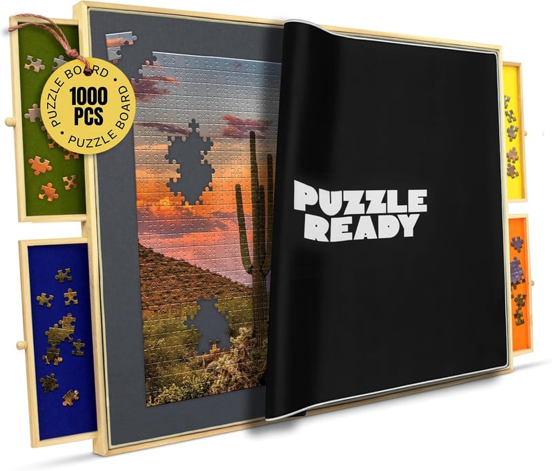 Hordozható Puzzle Tároló Asztal 1000/1500 Darabos Kirakókhoz - 4 Fiókos, Szőnyeggel