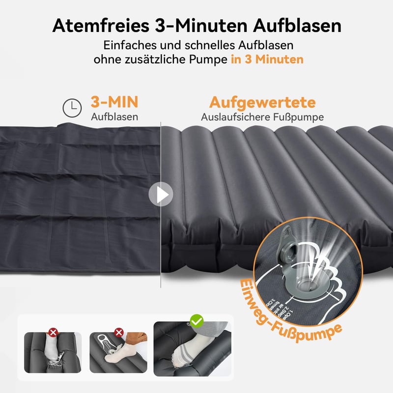 Hikenture Ultrakönnyű Dupla Kempingmatrac - 200x140x10cm Felfújható Matrac 2 Személynek, Beépített Lábpumpával, Túrázáshoz, Kempingezéshez, 