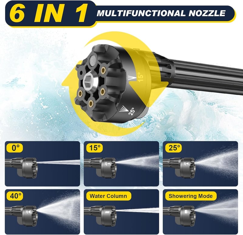 Gisam Akkumulátoros Magasnyomású Mosó 60 Bar - 2x4000 mAh Akkumulátor, 6-in-1 Fúvóka, 180° Forgatható Fej, 5m Tömlő, Autó és Terasz Tisztítá