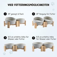 SPUNKYJUNKY 15° Dőlésszögű Kerámia Etetőtál Fa Állvánnyal - 2x400ml Szürke Kutyatál Lapos Orrú Kisállatok Számára, Csúszásmentes 3