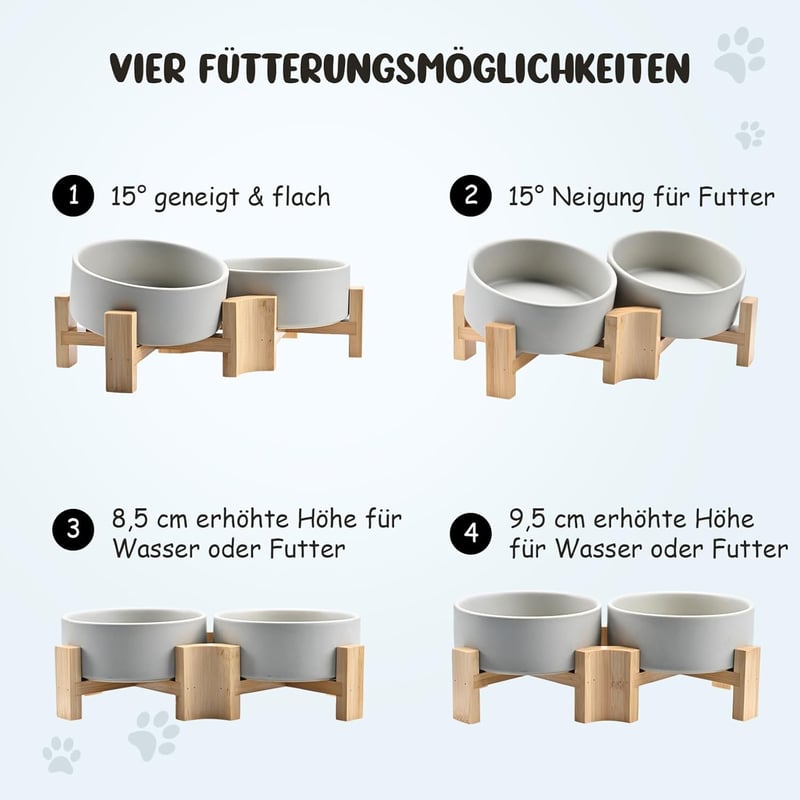 SPUNKYJUNKY 15° Dőlésszögű Kerámia Etetőtál Fa Állvánnyal - 2x400ml Szürke Kutyatál Lapos Orrú Kisállatok Számára, Csúszásmentes