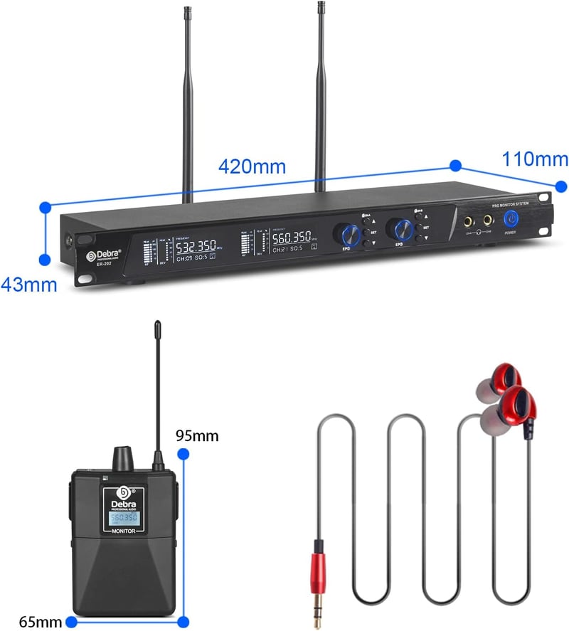 D Debra Audio PRO ER-202 UHF Dupla Csatornás Vezeték Nélküli Fülmonitor Rendszer Adóval és Vevővel Színpadi, Stúdió és Zenész Használatra