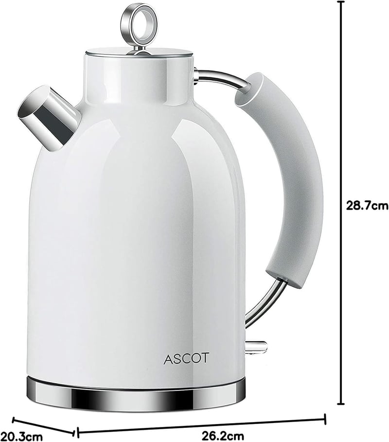 ASCOT Retro Fehér Elektromos Vízforraló 1,5L - Rozsdamentes Acél, Túlforrás Védelem