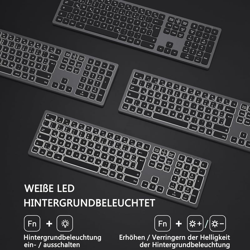 Seenda LED-es vezeték nélküli billentyűzet, QWERTZ, újratölthető, PC/laptop, űrszürke