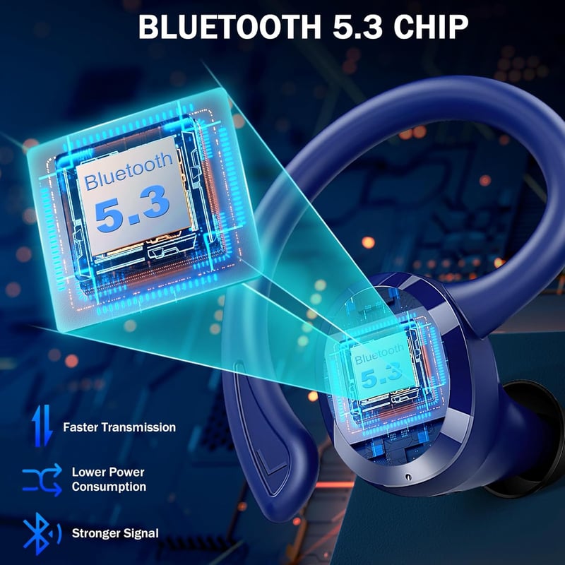 Rulefiss Bluetooth 5.3 sport fülhallgató, 48 órás akkuidő, kék, vízálló