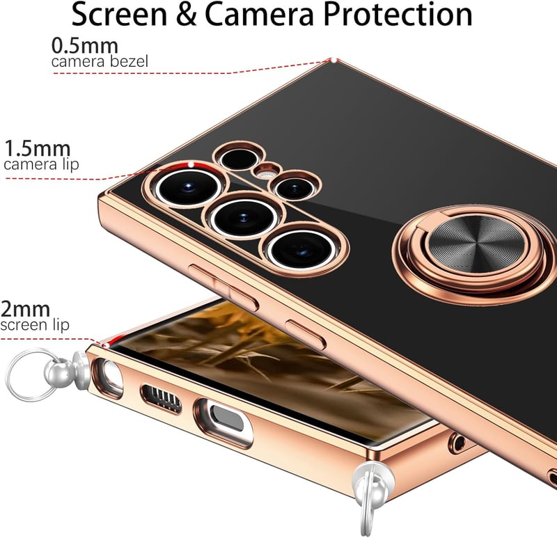 Samsung Galaxy S24 Ultra tok 360°-os gyűrűs állvánnyal és lánccal, mágneses autótartó, fekete