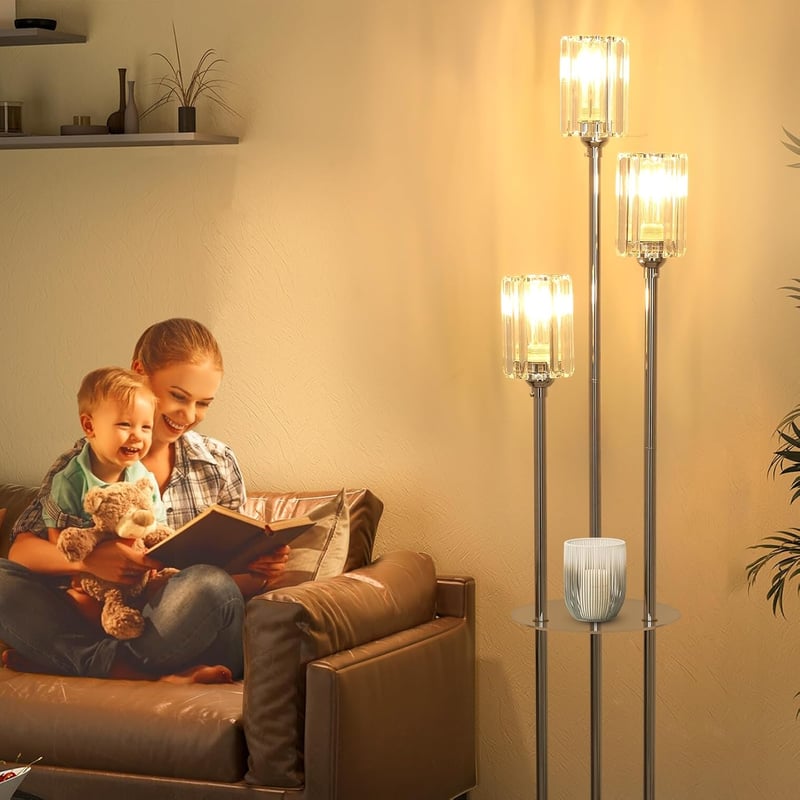 Rayofly Króm Állólámpa Polccal - 3 Izzós Vintage Üveg Lámpaernyős Padlólámpa Lábkapcsolóval - Modern Kristály Állólámpa Nappaliba, Hálószobá
