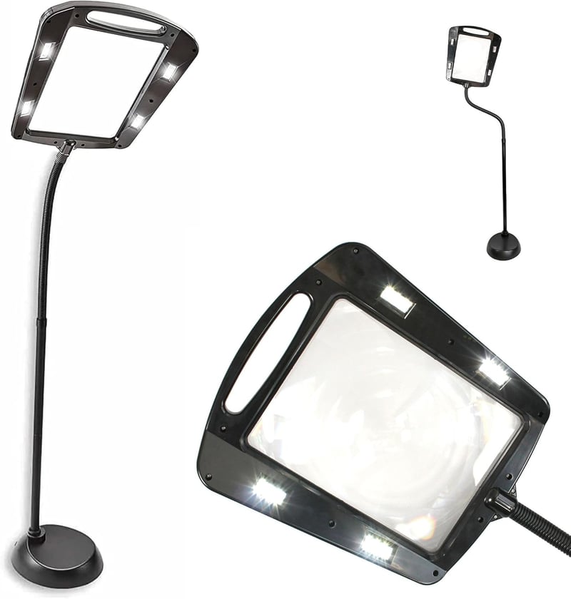 FISHTEC Nagyító Lámpa - 5x Nagyítás, 22,5x18 cm Képernyő, 12 LED Világítás, 160 cm Állvány, Flexibilis Talp, Fekete