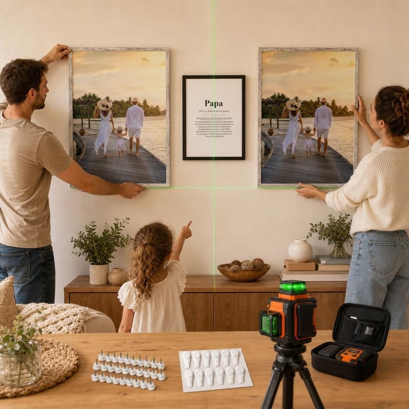 Apa-emlék galériafal: Apa képkeret + 2 db 50×70 cm-es képkeret + 25 db képakasztó + zöld vonallézer