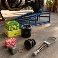 Kit schimb ulei auto: filtru + bușon + inel etanșare + cheie filtru + rampă 1