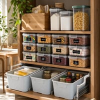 Set za organizaciju smočnice: 13x posuda + 3x košara + bambus kutija + 2000x naljepnica 1