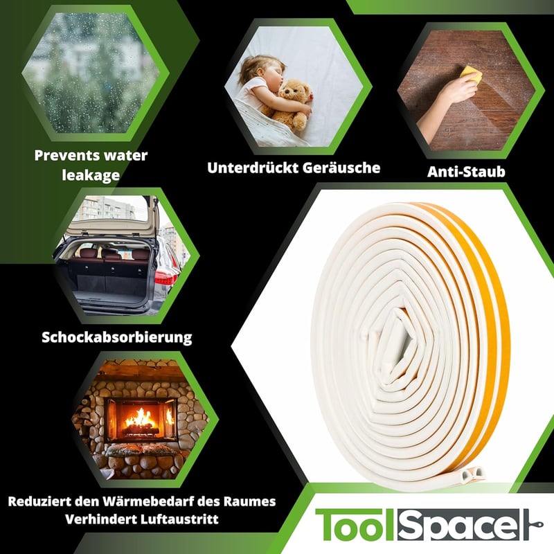 ToolSpace Öntapadós Ajtó- és Ablakszigetelő Szalag, 6m, E-Profil, Fehér, Gumi Tömítés, Por- és Rovarvédelem, Energiatakarékos, Bel- és Külté