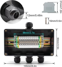 SRJQXH IP66 Vízálló Elosztódoboz 155x90x60mm - 10 Pólusú UK2.5B Sorkapcsokkal, DIN Sínnel, Kültéri Használatra, Fekete ABS Anyagból, Vezérlő 5