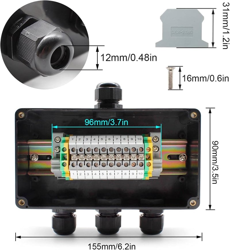 SRJQXH IP66 Vízálló Elosztódoboz 155x90x60mm - 10 Pólusú UK2.5B Sorkapcsokkal, DIN Sínnel, Kültéri Használatra, Fekete ABS Anyagból, Vezérlő