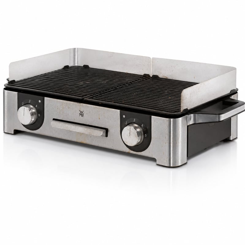 Elektrický stolový gril WMF Lono Master 50x28 cm, 2400 W, 2 samostatne regulovateľné grilovacie plochy, s veternou clonou, odkvapkávacou miskou na tuk, nerezový